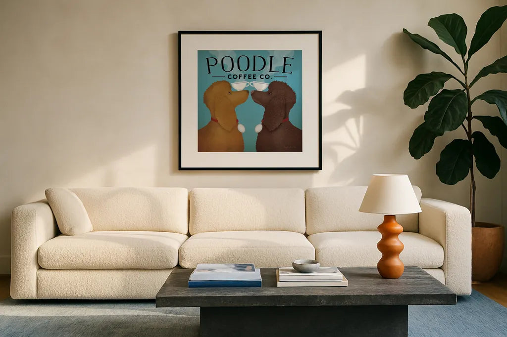 Double Poodle Coffee by Ryan Fowler. Displayed in a glass frame with matte in a clean modern living room. Available as an archival giclee rolled canvas, fine art paper, or poster print. SKU 79452a.