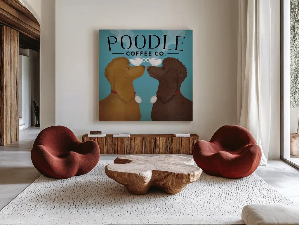Double Poodle Coffee by Ryan Fowler. Shown as extra-large giant wall art in a modern living room. Available as an archival giclee rolled canvas, fine art paper, or poster print. SKU 79452a.