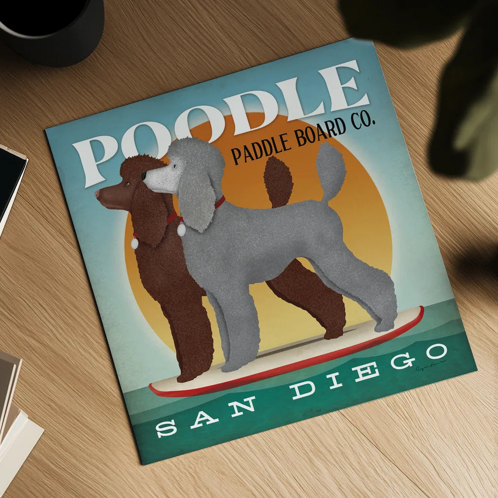 Double Poodle Paddle Board by Ryan Fowler. Shown as a detailed flat fine art print, highlighting archival giclee quality. Available as an archival giclee rolled canvas, fine art paper, or poster print. SKU 79451a.