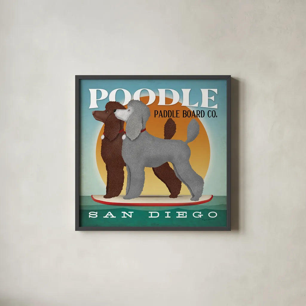 Double Poodle Paddle Board by Ryan Fowler. Shown in a sleek black glass frame for a contemporary gallery look. Available as an archival giclee rolled canvas, fine art paper, or poster print. SKU 79451a.
