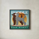 Double Poodle Paddle Board by Ryan Fowler. Shown in a sleek black glass frame for a contemporary gallery look. Available as an archival giclee rolled canvas, fine art paper, or poster print. SKU 79451a.