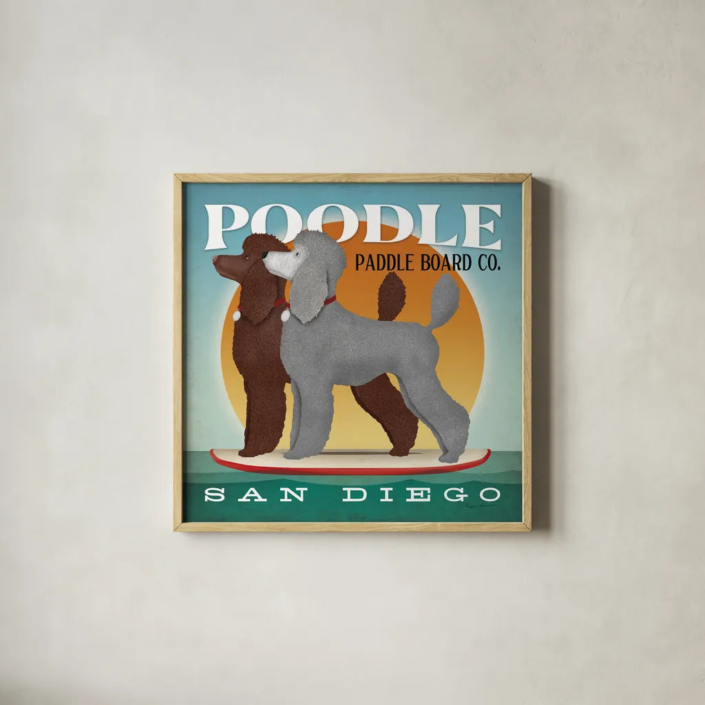 Double Poodle Paddle Board by Ryan Fowler. Shown in a natural wood glass frame for a timeless modern aesthetic. Available as an archival giclee rolled canvas, fine art paper, or poster print. SKU 79451a.