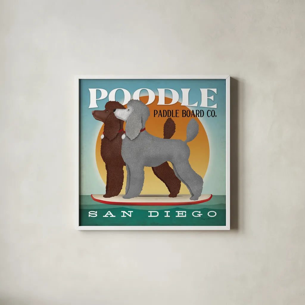 Double Poodle Paddle Board by Ryan Fowler. Shown in a crisp white glass frame for a clean and minimalist style. Available as an archival giclee rolled canvas, fine art paper, or poster print. SKU 79451a.