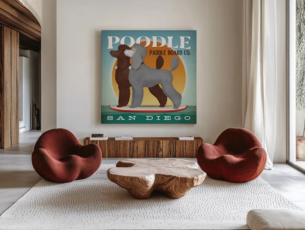 Double Poodle Paddle Board by Ryan Fowler. Shown as extra-large giant wall art in a modern living room. Available as an archival giclee rolled canvas, fine art paper, or poster print. SKU 79451a.