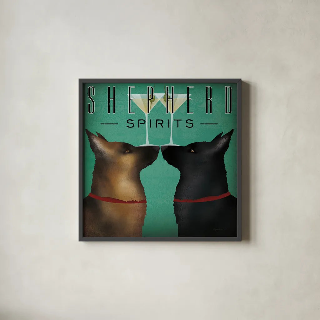 Double Shepherd Martini by Ryan Fowler. Shown in a sleek black glass frame for a contemporary gallery look. Available as an archival giclee rolled canvas, fine art paper, or poster print. SKU 31279a.