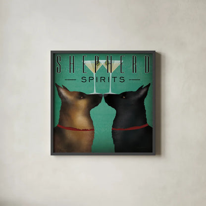 Double Shepherd Martini by Ryan Fowler. Shown in a sleek black glass frame for a contemporary gallery look. Available as an archival giclee rolled canvas, fine art paper, or poster print. SKU 31279a.