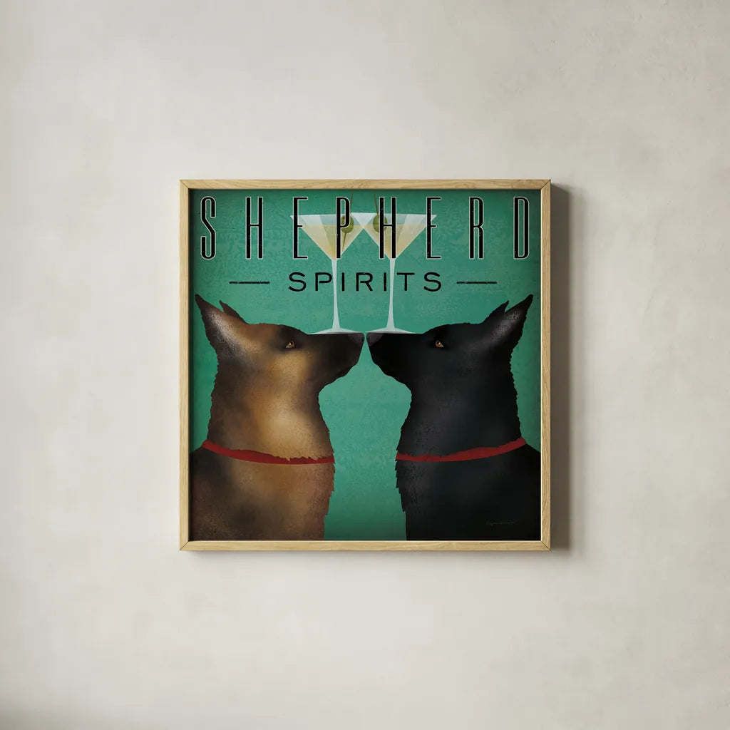 Double Shepherd Martini by Ryan Fowler. Shown in a natural wood glass frame for a timeless modern aesthetic. Available as an archival giclee rolled canvas, fine art paper, or poster print. SKU 31279a.