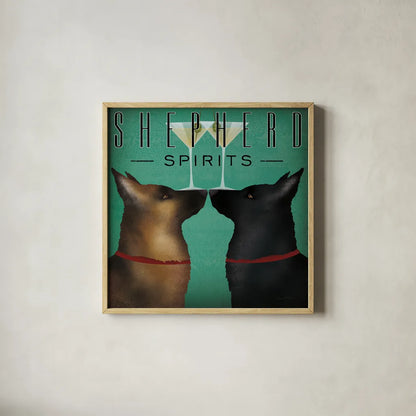 Double Shepherd Martini by Ryan Fowler. Shown in a natural wood glass frame for a timeless modern aesthetic. Available as an archival giclee rolled canvas, fine art paper, or poster print. SKU 31279a.
