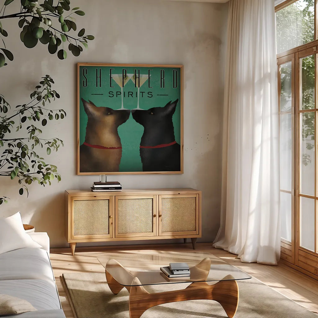 Double Shepherd Martini by Ryan Fowler. Shown in a natural wood frame in a cozy modern living room. Available as an archival giclee rolled canvas, fine art paper, or poster print. SKU 31279a.