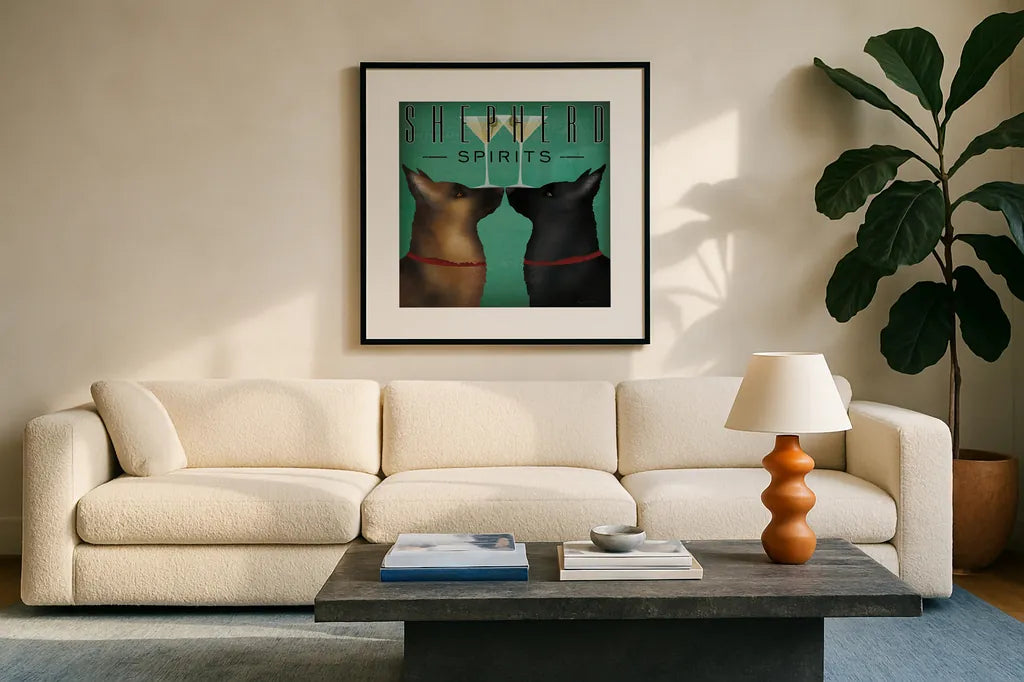 Double Shepherd Martini by Ryan Fowler. Displayed in a glass frame with matte in a clean modern living room. Available as an archival giclee rolled canvas, fine art paper, or poster print. SKU 31279a.