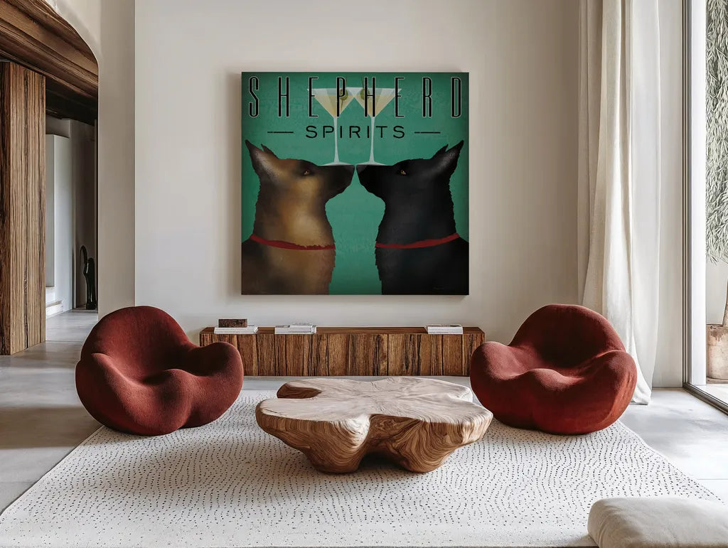 Double Shepherd Martini by Ryan Fowler. Shown as extra-large giant wall art in a modern living room. Available as an archival giclee rolled canvas, fine art paper, or poster print. SKU 31279a.