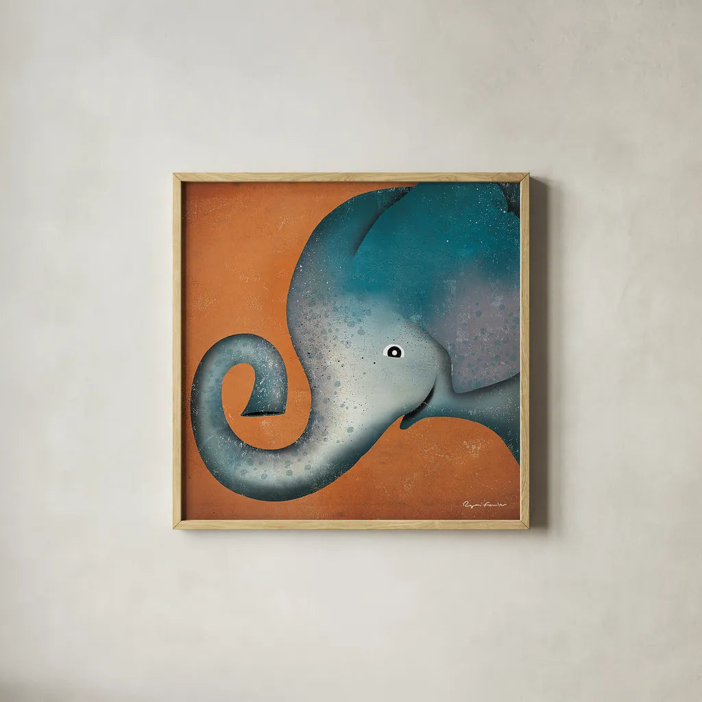 Elephant Wow by Ryan Fowler. Shown in a natural wood glass frame for a timeless modern aesthetic. Available as an archival giclee rolled canvas, fine art paper, or poster print. SKU 12199a.