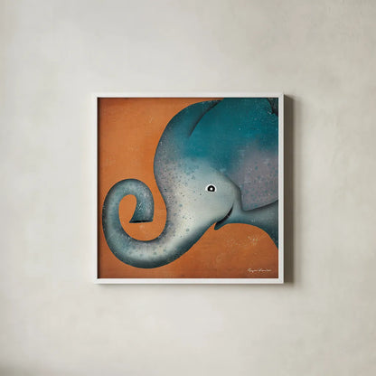 Elephant Wow by Ryan Fowler. Shown in a crisp white glass frame for a clean and minimalist style. Available as an archival giclee rolled canvas, fine art paper, or poster print. SKU 12199a.