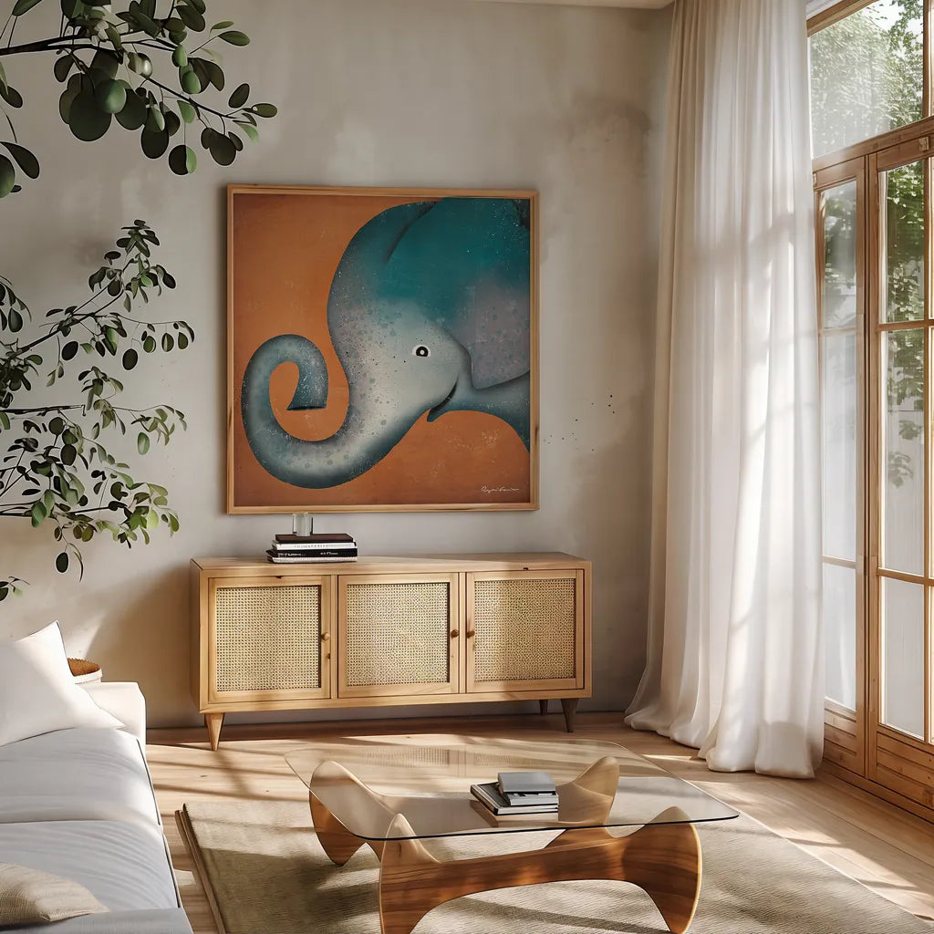 Elephant Wow by Ryan Fowler. Shown in a natural wood frame in a cozy modern living room. Available as an archival giclee rolled canvas, fine art paper, or poster print. SKU 12199a.