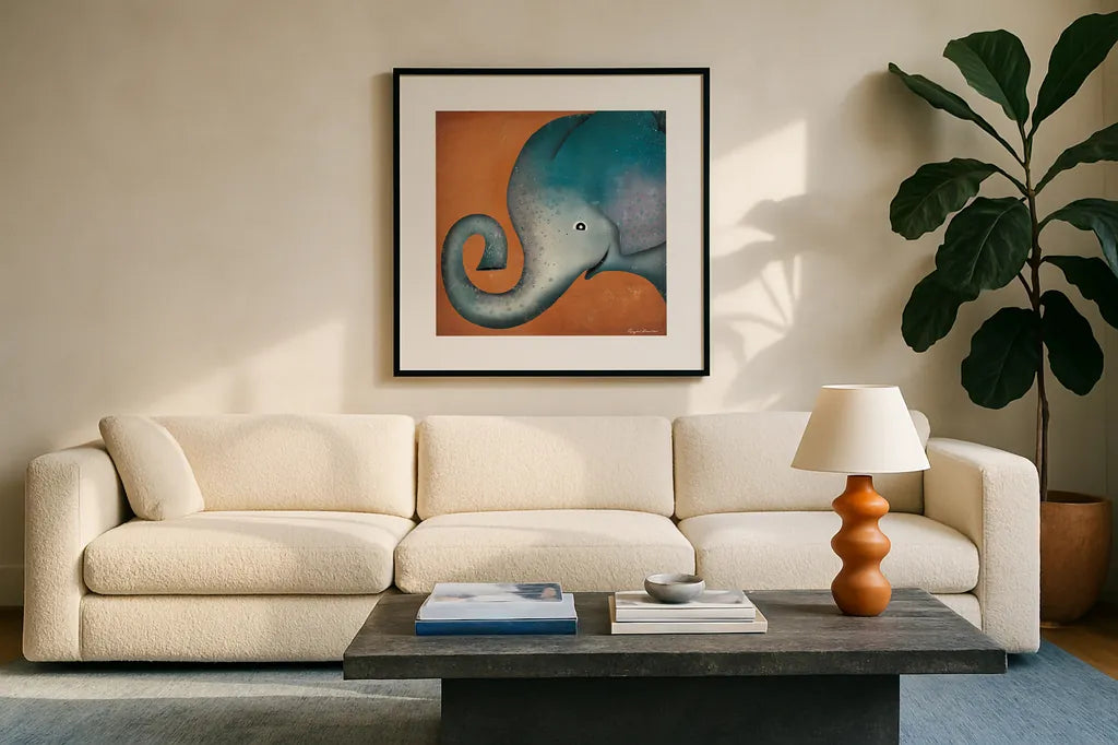 Elephant Wow by Ryan Fowler. Displayed in a glass frame with matte in a clean modern living room. Available as an archival giclee rolled canvas, fine art paper, or poster print. SKU 12199a.