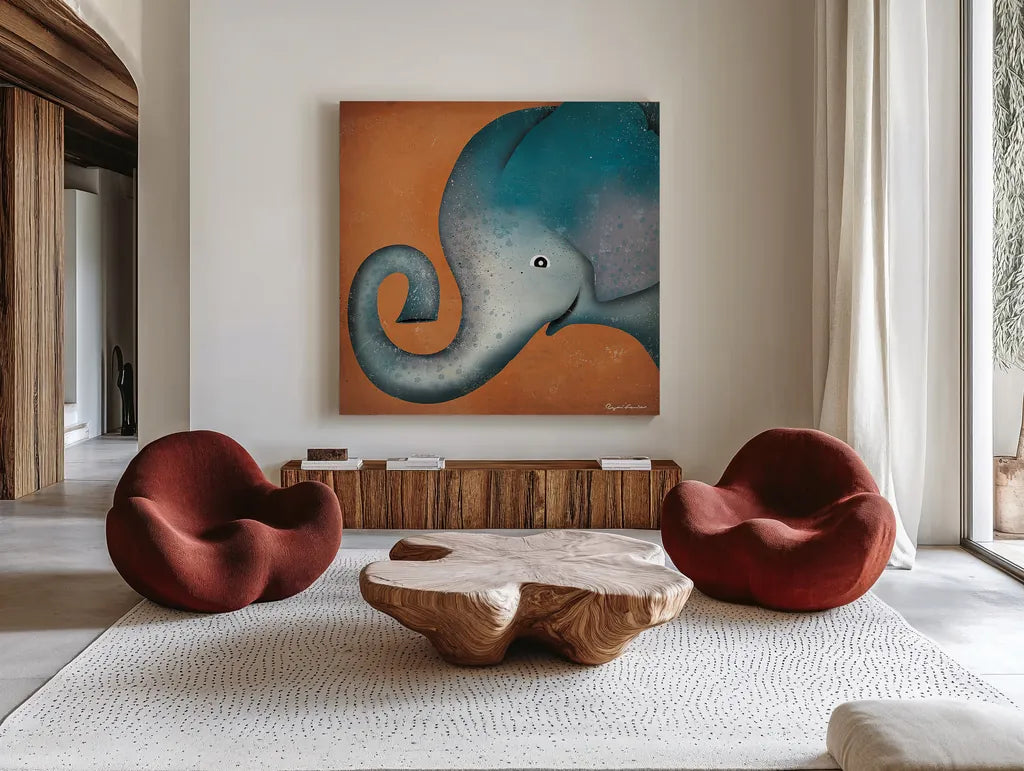 Elephant Wow by Ryan Fowler. Shown as extra-large giant wall art in a modern living room. Available as an archival giclee rolled canvas, fine art paper, or poster print. SKU 12199a.