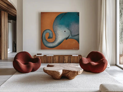 Elephant Wow by Ryan Fowler. Shown as extra-large giant wall art in a modern living room. Available as an archival giclee rolled canvas, fine art paper, or poster print. SKU 12199a.