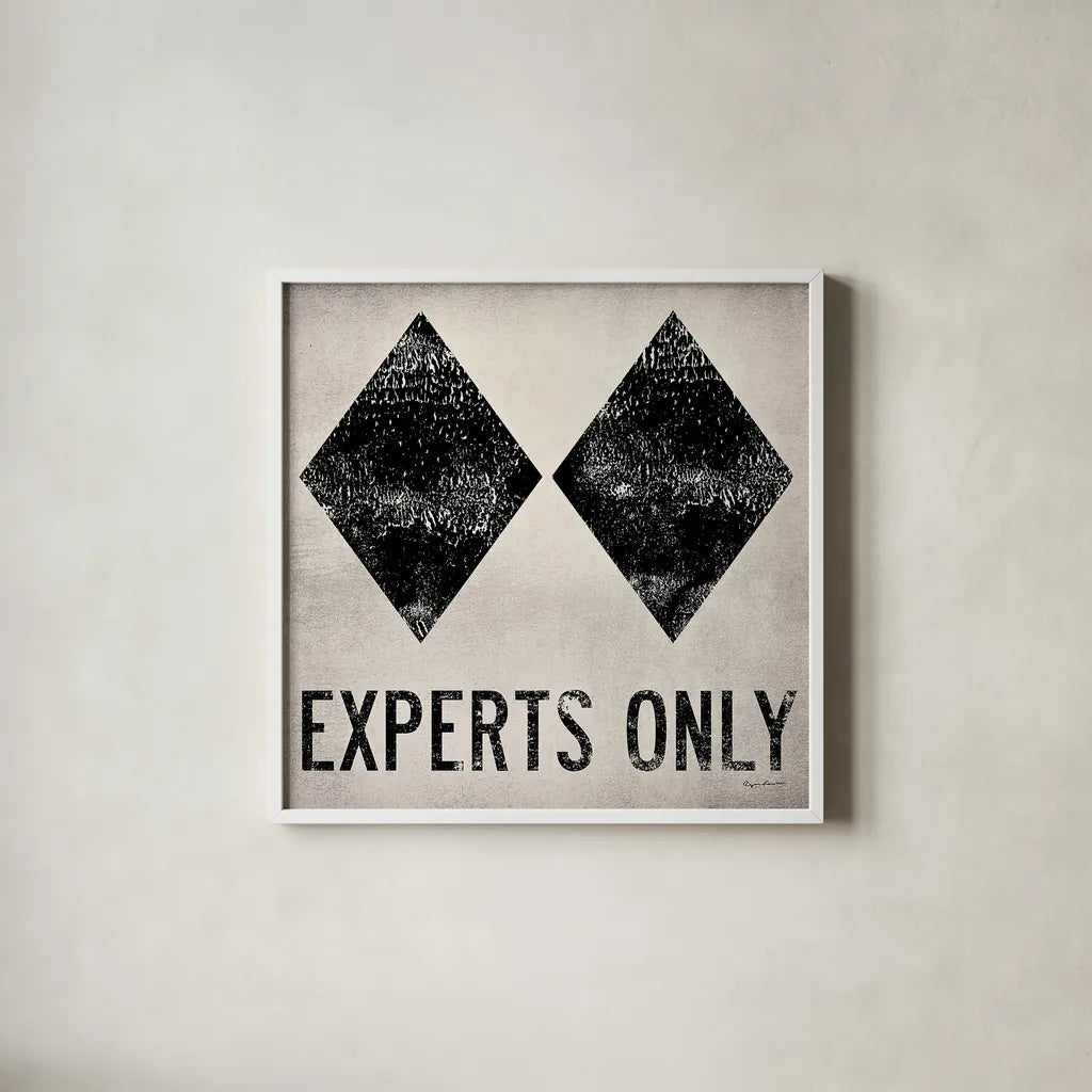 Experts Only White by Ryan Fowler. Shown in a crisp white glass frame for a clean and minimalist style. Available as an archival giclee rolled canvas, fine art paper, or poster print. SKU 11343a.