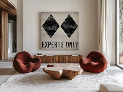 Experts Only White by Ryan Fowler. Shown as extra-large giant wall art in a modern living room. Available as an archival giclee rolled canvas, fine art paper, or poster print. SKU 11343a.