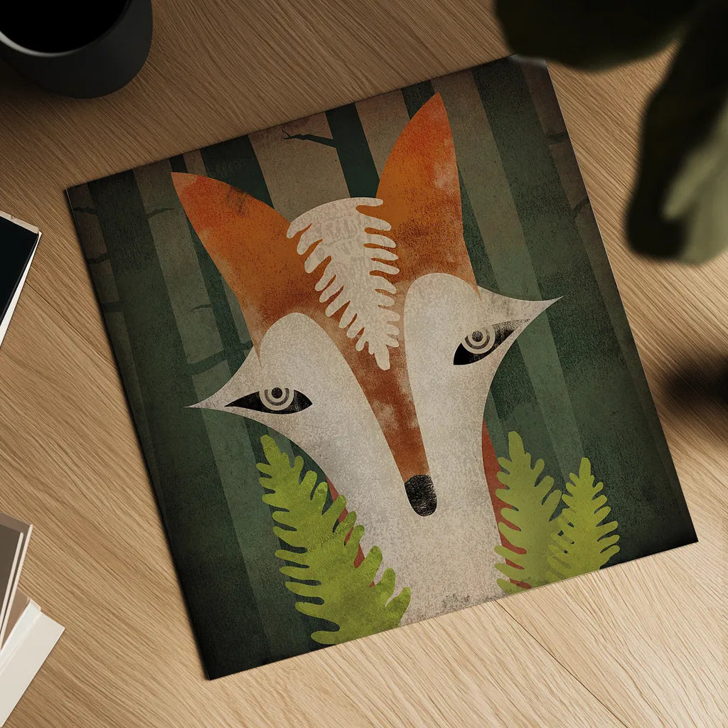 Fern Fox by Ryan Fowler. Shown as a detailed flat fine art print, highlighting archival giclee quality. Available as an archival giclee rolled canvas, fine art paper, or poster print. SKU 11612a.