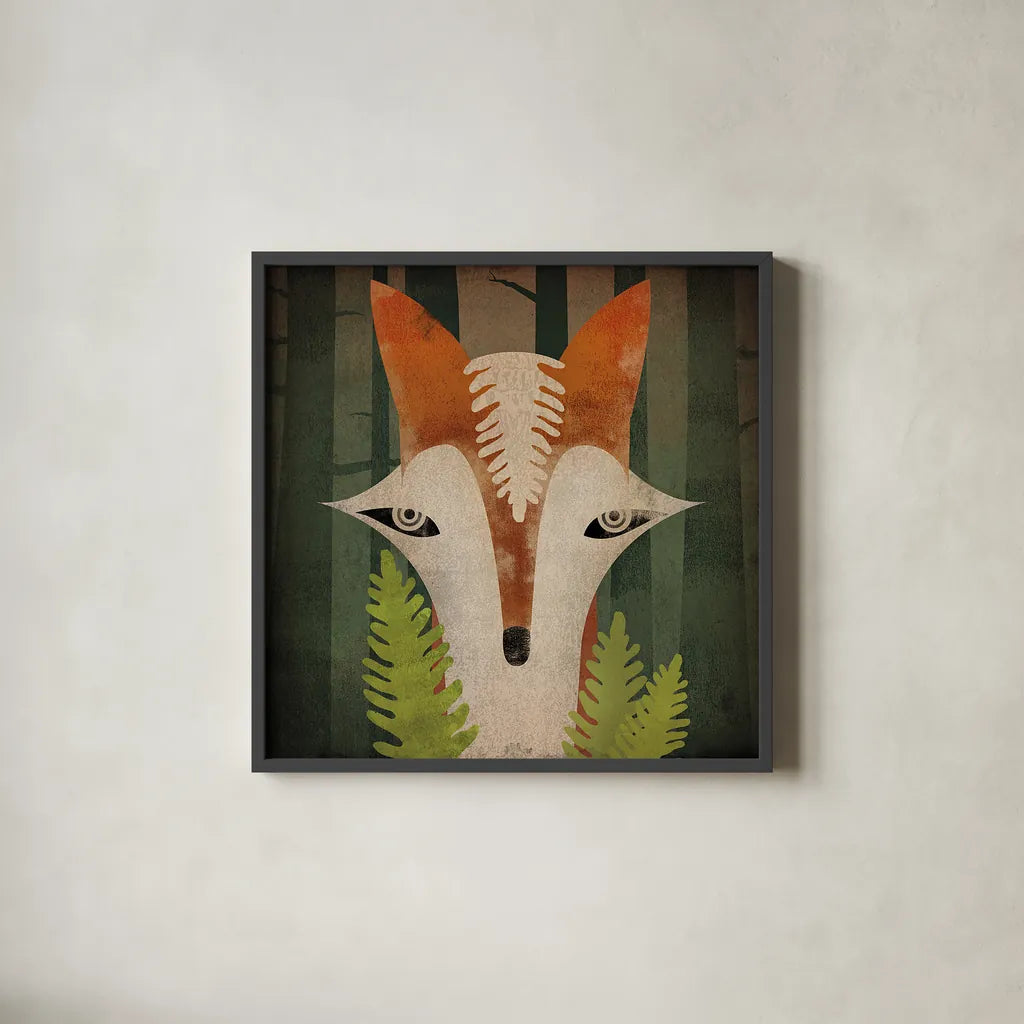 Fern Fox by Ryan Fowler. Shown in a sleek black glass frame for a contemporary gallery look. Available as an archival giclee rolled canvas, fine art paper, or poster print. SKU 11612a.
