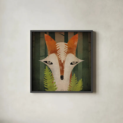Fern Fox by Ryan Fowler. Shown in a sleek black glass frame for a contemporary gallery look. Available as an archival giclee rolled canvas, fine art paper, or poster print. SKU 11612a.