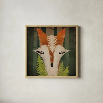 Fern Fox by Ryan Fowler. Shown in a natural wood glass frame for a timeless modern aesthetic. Available as an archival giclee rolled canvas, fine art paper, or poster print. SKU 11612a.