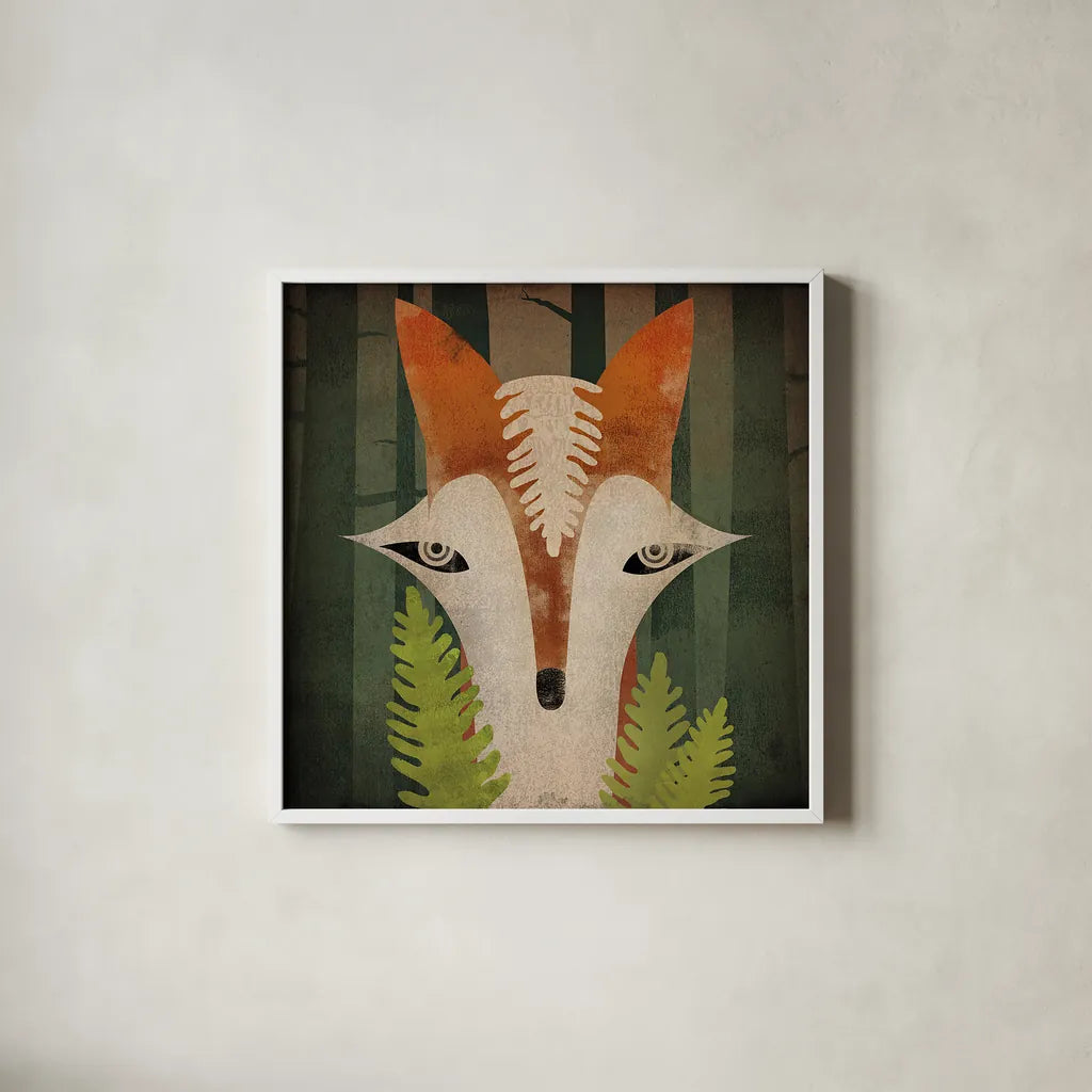 Fern Fox by Ryan Fowler. Shown in a crisp white glass frame for a clean and minimalist style. Available as an archival giclee rolled canvas, fine art paper, or poster print. SKU 11612a.