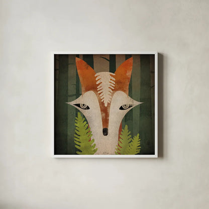 Fern Fox by Ryan Fowler. Shown in a crisp white glass frame for a clean and minimalist style. Available as an archival giclee rolled canvas, fine art paper, or poster print. SKU 11612a.