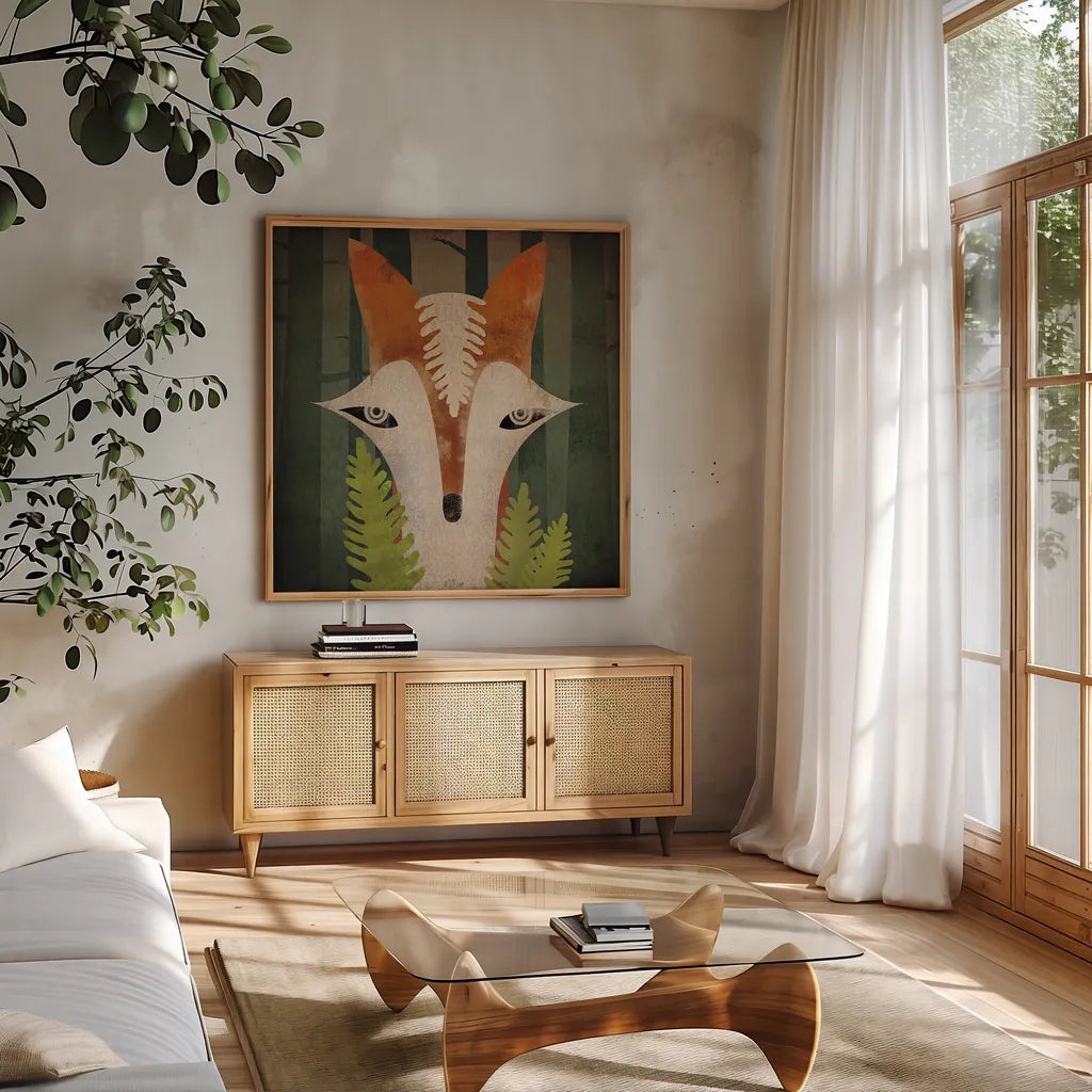 Fern Fox by Ryan Fowler. Shown in a natural wood frame in a cozy modern living room. Available as an archival giclee rolled canvas, fine art paper, or poster print. SKU 11612a.