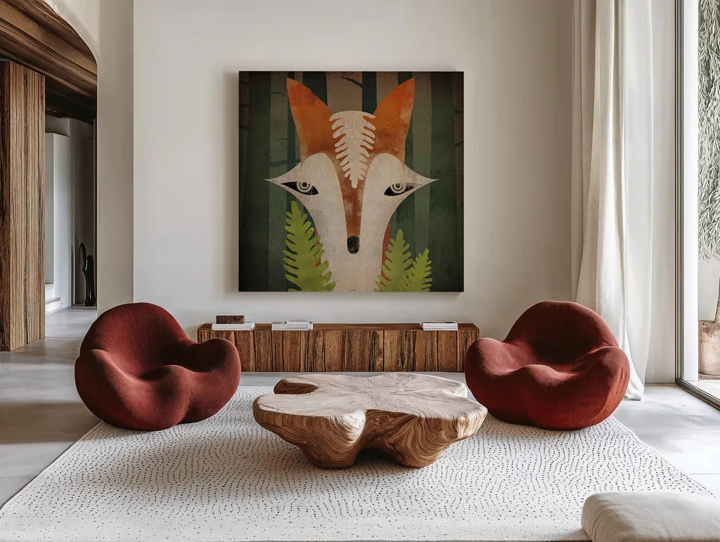 Fern Fox by Ryan Fowler. Shown as extra-large giant wall art in a modern living room. Available as an archival giclee rolled canvas, fine art paper, or poster print. SKU 11612a.