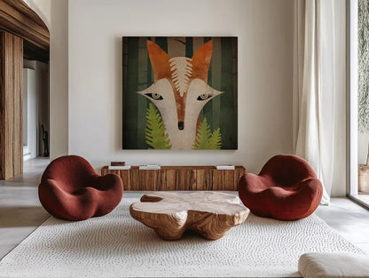 Fern Fox by Ryan Fowler. Shown as extra-large giant wall art in a modern living room. Available as an archival giclee rolled canvas, fine art paper, or poster print. SKU 11612a.