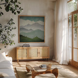First Snow by Ryan Fowler. Shown in a natural wood frame in a cozy modern living room. Available as an archival giclee rolled canvas, fine art paper, or poster print. SKU 18379a.