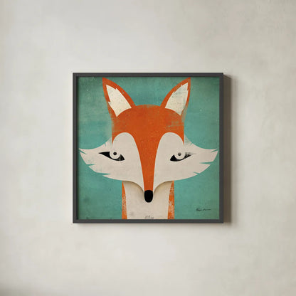 Fox by Ryan Fowler. Shown in a sleek black glass frame for a contemporary gallery look. Available as an archival giclee rolled canvas, fine art paper, or poster print. SKU 11613a.