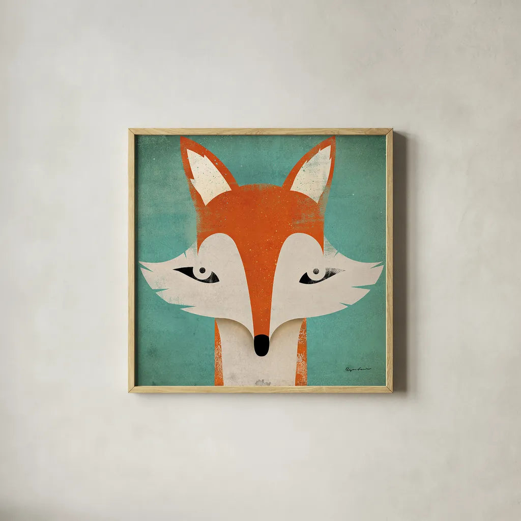 Fox by Ryan Fowler. Shown in a natural wood glass frame for a timeless modern aesthetic. Available as an archival giclee rolled canvas, fine art paper, or poster print. SKU 11613a.