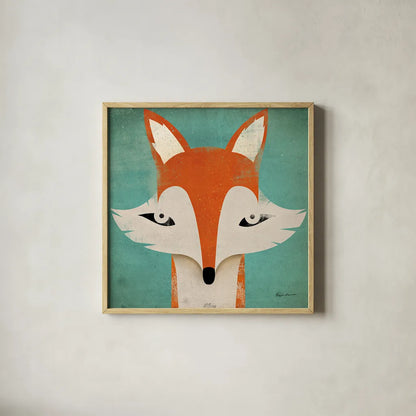 Fox by Ryan Fowler. Shown in a natural wood glass frame for a timeless modern aesthetic. Available as an archival giclee rolled canvas, fine art paper, or poster print. SKU 11613a.