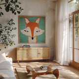 Fox by Ryan Fowler. Shown in a natural wood frame in a cozy modern living room. Available as an archival giclee rolled canvas, fine art paper, or poster print. SKU 11613a.