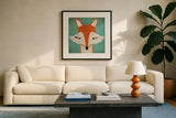 Fox by Ryan Fowler. Displayed in a glass frame with matte in a clean modern living room. Available as an archival giclee rolled canvas, fine art paper, or poster print. SKU 11613a.