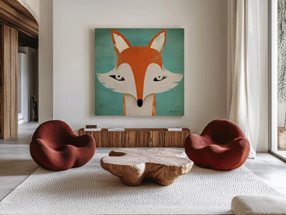 Fox by Ryan Fowler. Shown as extra-large giant wall art in a modern living room. Available as an archival giclee rolled canvas, fine art paper, or poster print. SKU 11613a.