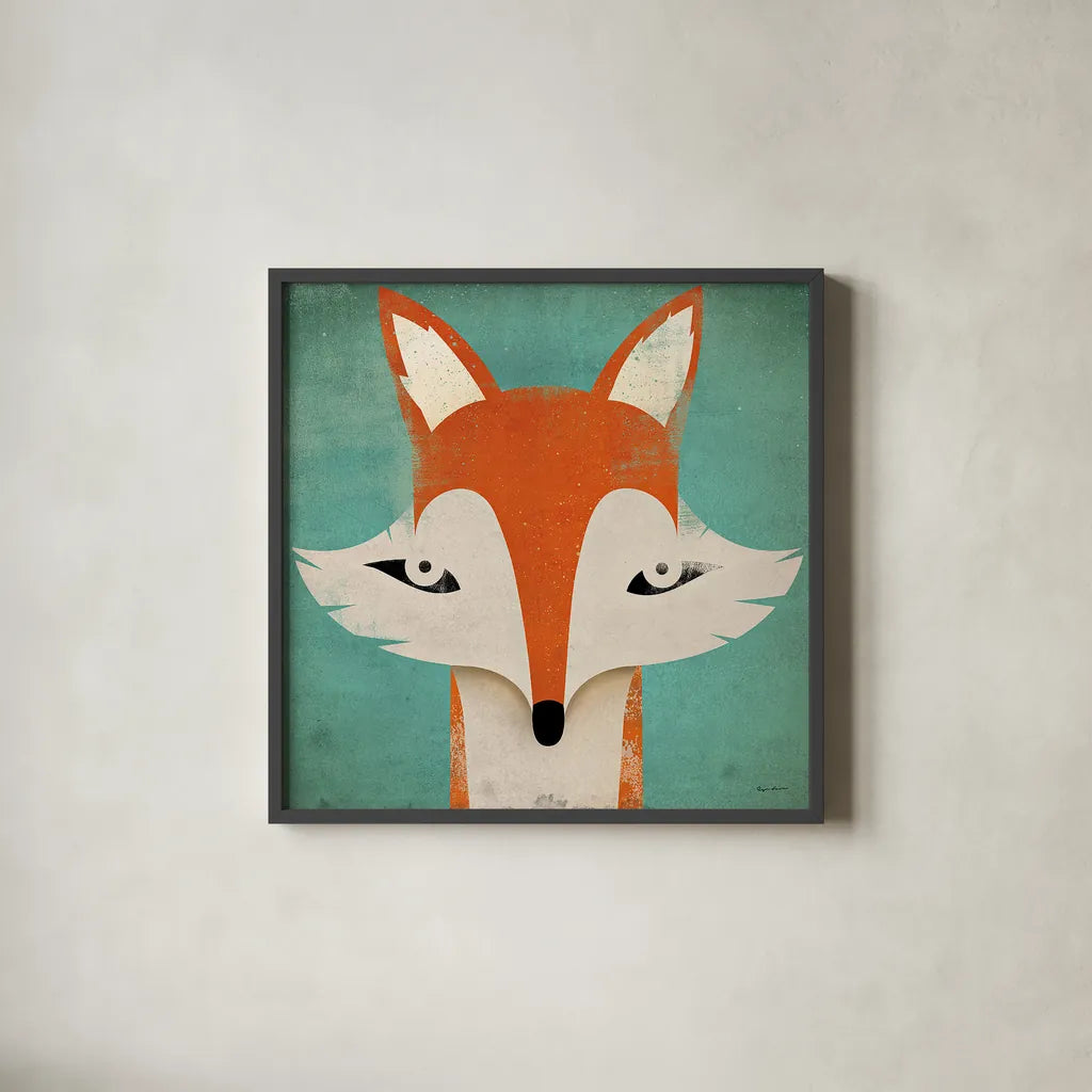 Fox by Ryan Fowler. Shown in a sleek black glass frame for a contemporary gallery look. Available as an archival giclee rolled canvas, fine art paper, or poster print. SKU 15229a.