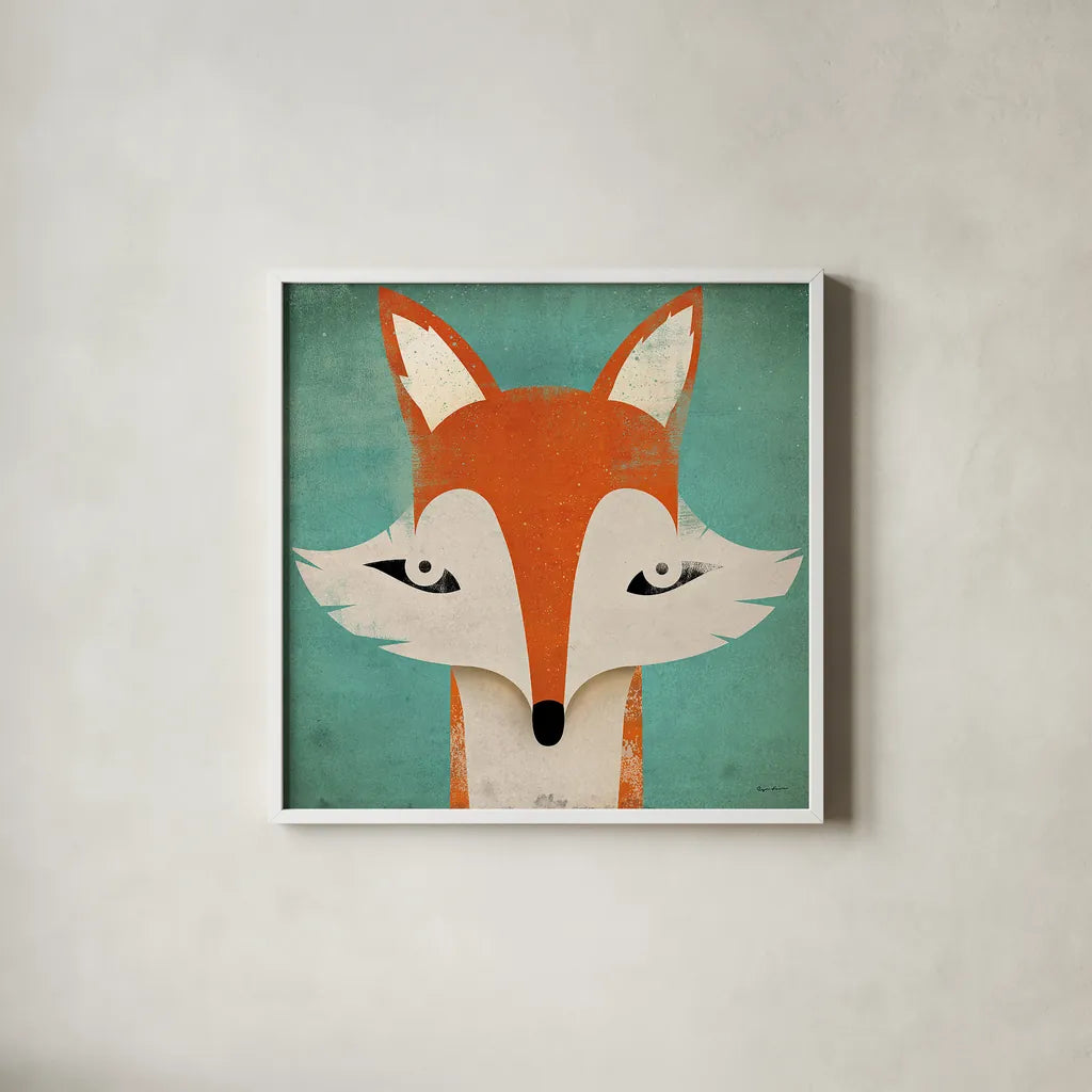 Fox by Ryan Fowler. Shown in a crisp white glass frame for a clean and minimalist style. Available as an archival giclee rolled canvas, fine art paper, or poster print. SKU 15229a.