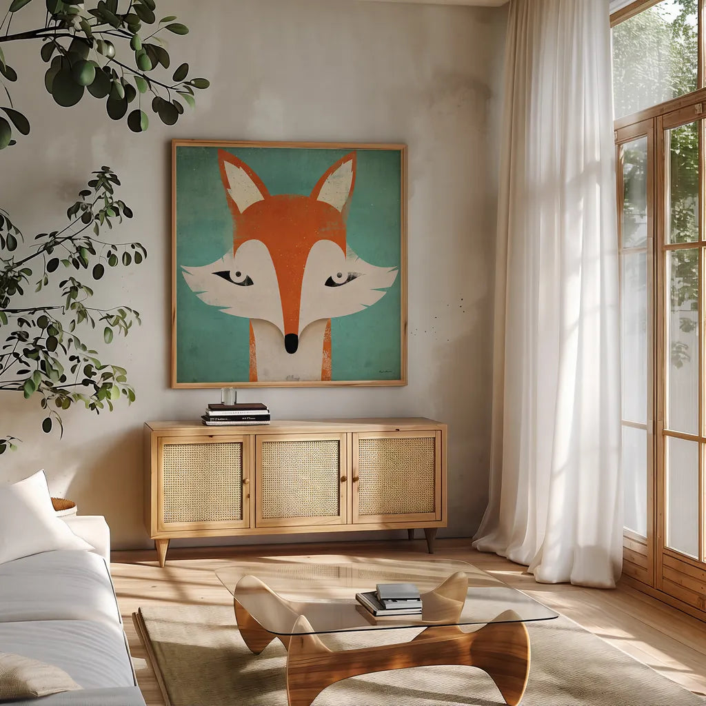 Fox by Ryan Fowler. Shown in a natural wood frame in a cozy modern living room. Available as an archival giclee rolled canvas, fine art paper, or poster print. SKU 15229a.