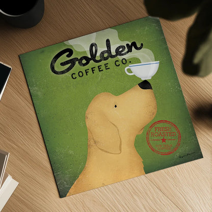 Golden Coffee Co on Green by Ryan Fowler. Shown as a detailed flat fine art print, highlighting archival giclee quality. Available as an archival giclee rolled canvas, fine art paper, or poster print. SKU 11742a.