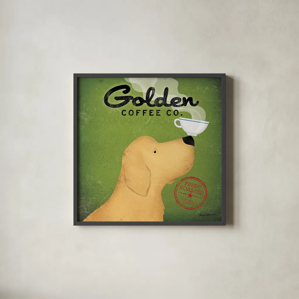 Golden Coffee Co on Green by Ryan Fowler. Shown in a sleek black glass frame for a contemporary gallery look. Available as an archival giclee rolled canvas, fine art paper, or poster print. SKU 11742a.