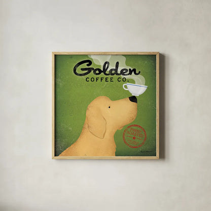 Golden Coffee Co on Green by Ryan Fowler. Shown in a natural wood glass frame for a timeless modern aesthetic. Available as an archival giclee rolled canvas, fine art paper, or poster print. SKU 11742a.