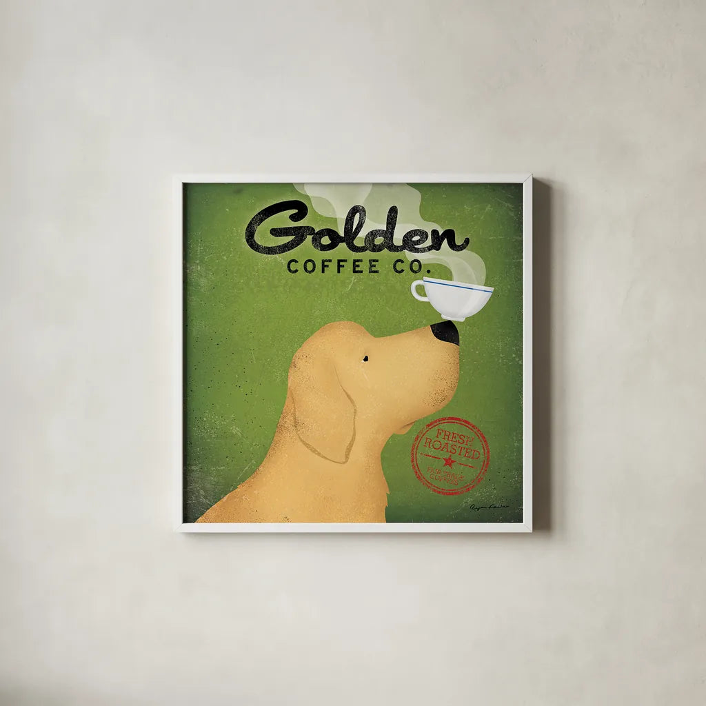 Golden Coffee Co on Green by Ryan Fowler. Shown in a crisp white glass frame for a clean and minimalist style. Available as an archival giclee rolled canvas, fine art paper, or poster print. SKU 11742a.