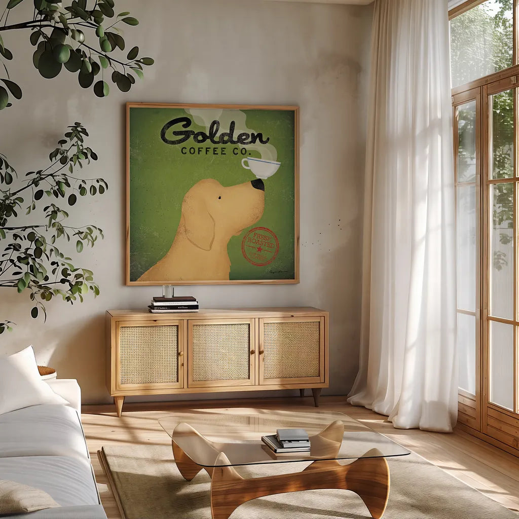 Golden Coffee Co on Green by Ryan Fowler. Shown in a natural wood frame in a cozy modern living room. Available as an archival giclee rolled canvas, fine art paper, or poster print. SKU 11742a.