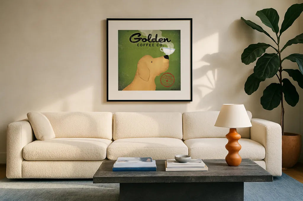 Golden Coffee Co on Green by Ryan Fowler. Displayed in a glass frame with matte in a clean modern living room. Available as an archival giclee rolled canvas, fine art paper, or poster print. SKU 11742a.