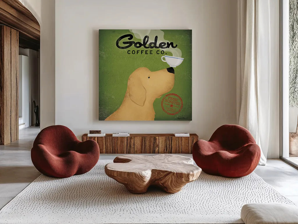 Golden Coffee Co on Green by Ryan Fowler. Shown as extra-large giant wall art in a modern living room. Available as an archival giclee rolled canvas, fine art paper, or poster print. SKU 11742a.