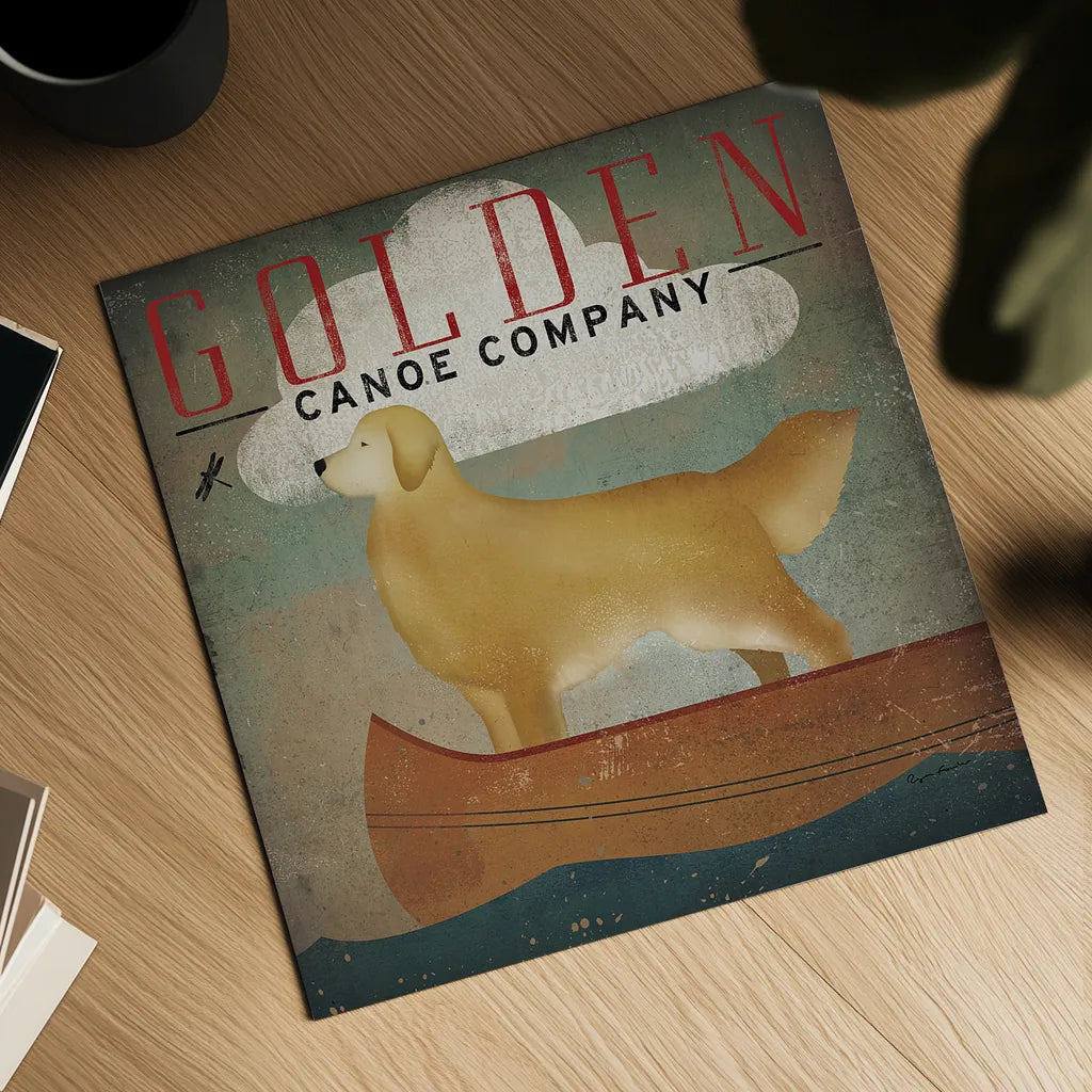 Golden Dog Canoe Co by Ryan Fowler. Shown as a detailed flat fine art print, highlighting archival giclee quality. Available as an archival giclee rolled canvas, fine art paper, or poster print. SKU 11276a.